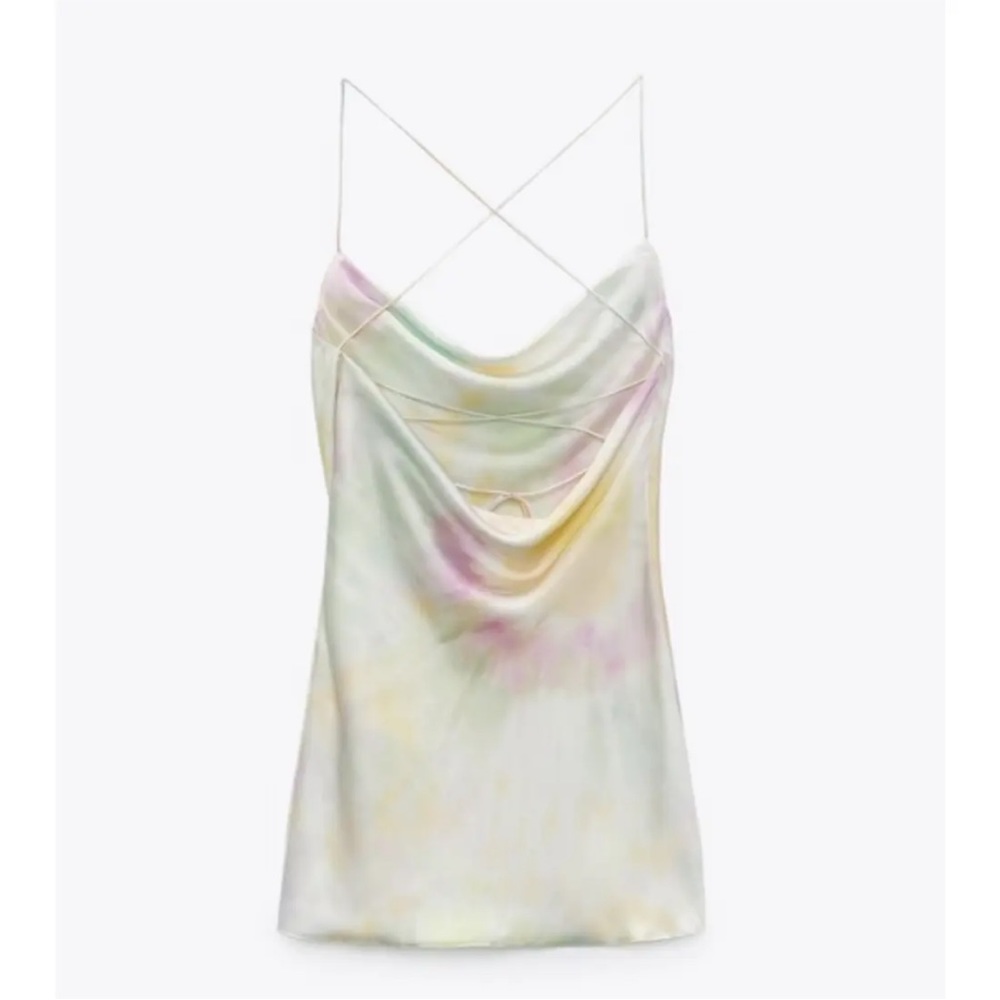 Zara Printed Watercolor Satin Tie Dye Mini Cowl Neck Dress Cream Pink XS NWT - Picture 8 of 16